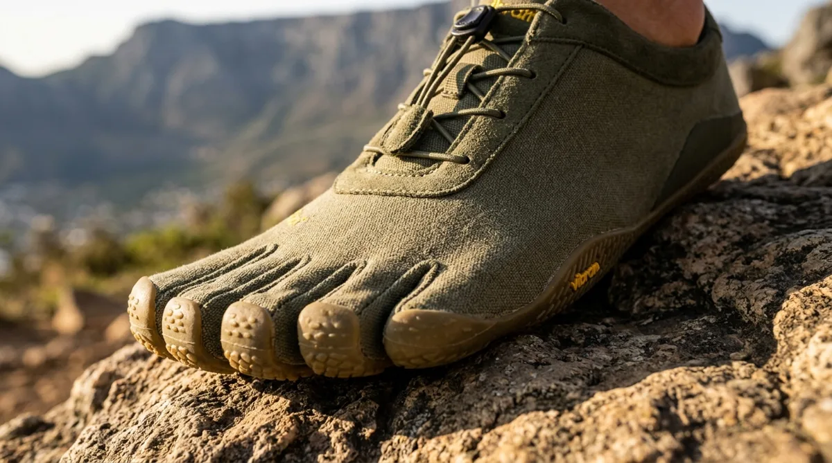 Vibram Five Fingers sobre roca de montaña con vistas al atardecer