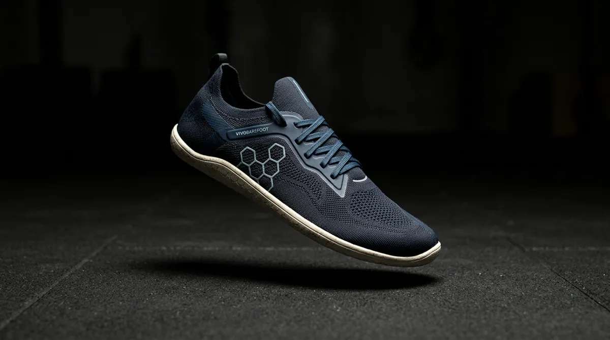 Vivobarefoot Primus Lite flotando, fondo oscuro de gimnasio