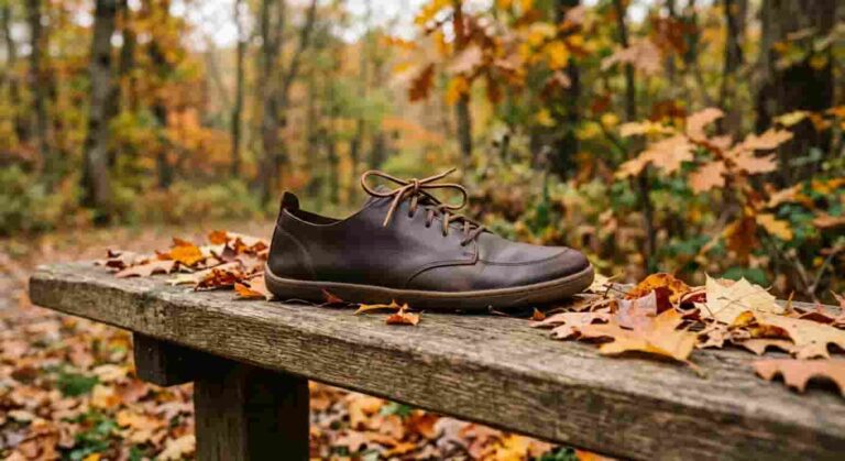 barefoot de entretiempo para hombre sobre banco de madera con hojas de otoño