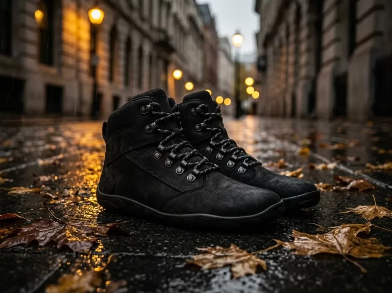 Groundies Portland, bota barefoot de ante negro sobre una calle mojada en otoño