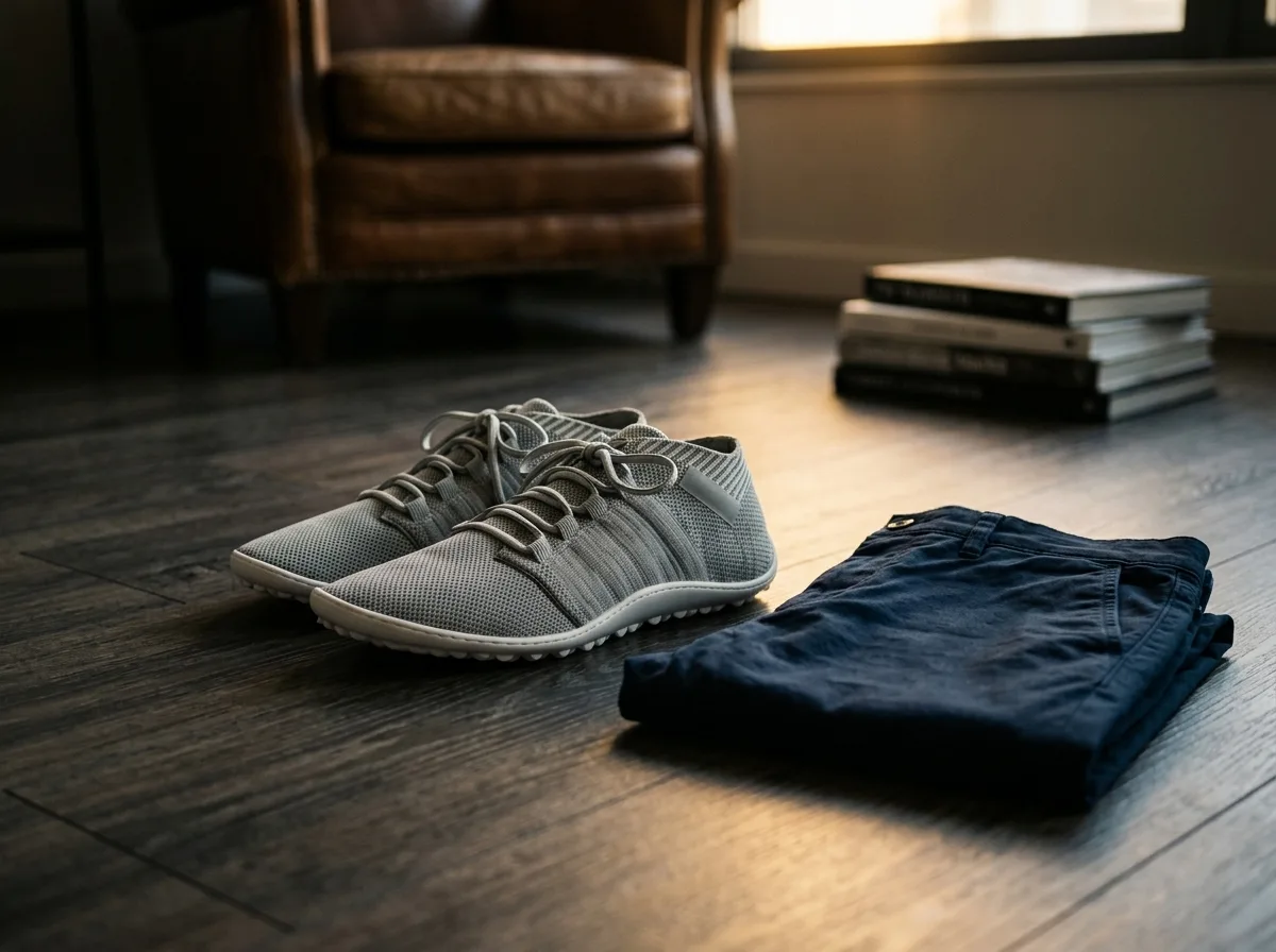 Leguano Beat, zapatilla barefoot de punto gris claro junto a un pantalón vaquero