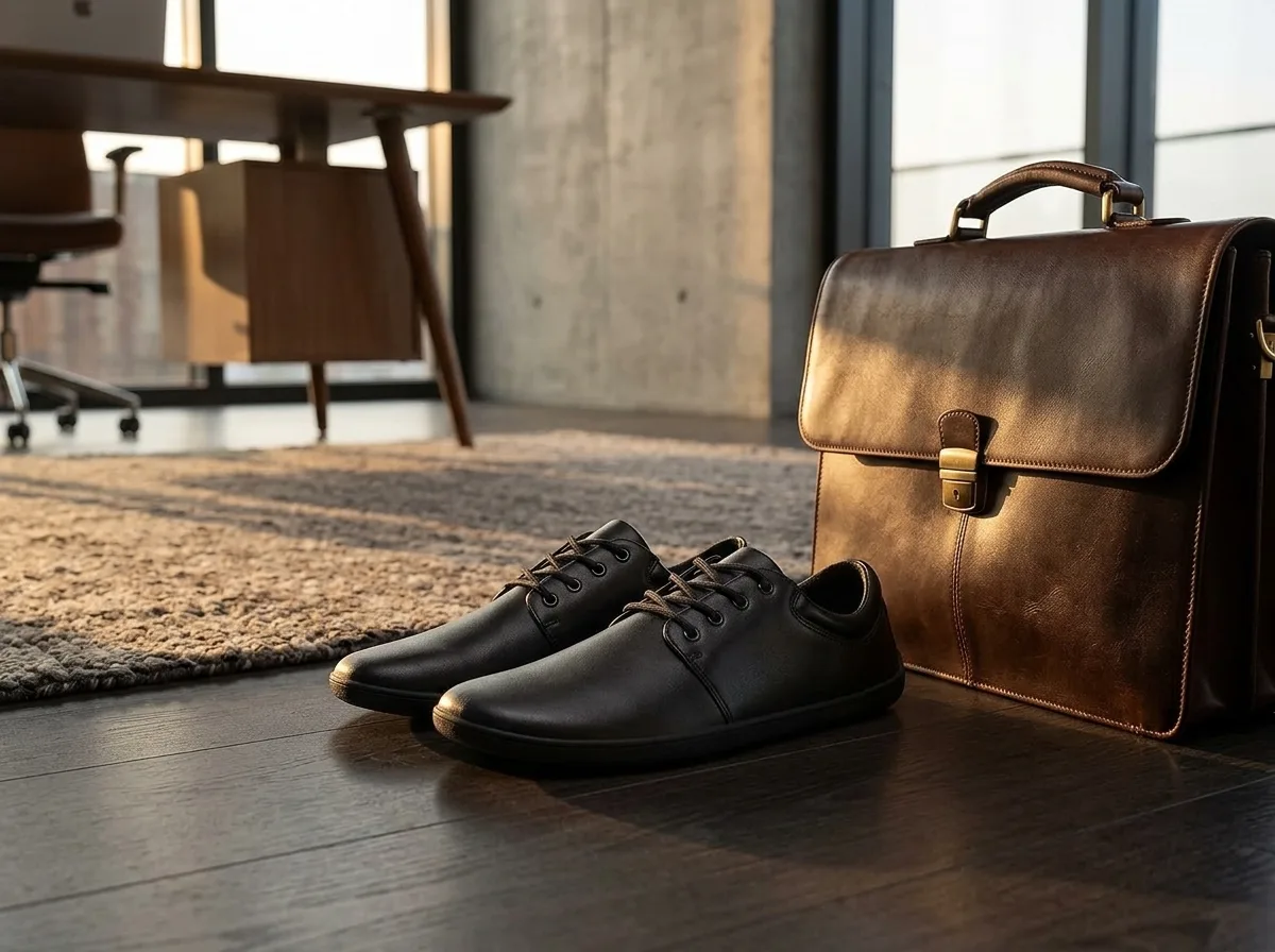 Saguaro Noble II, zapato barefoot negro tipo derby junto a un maletín de piel