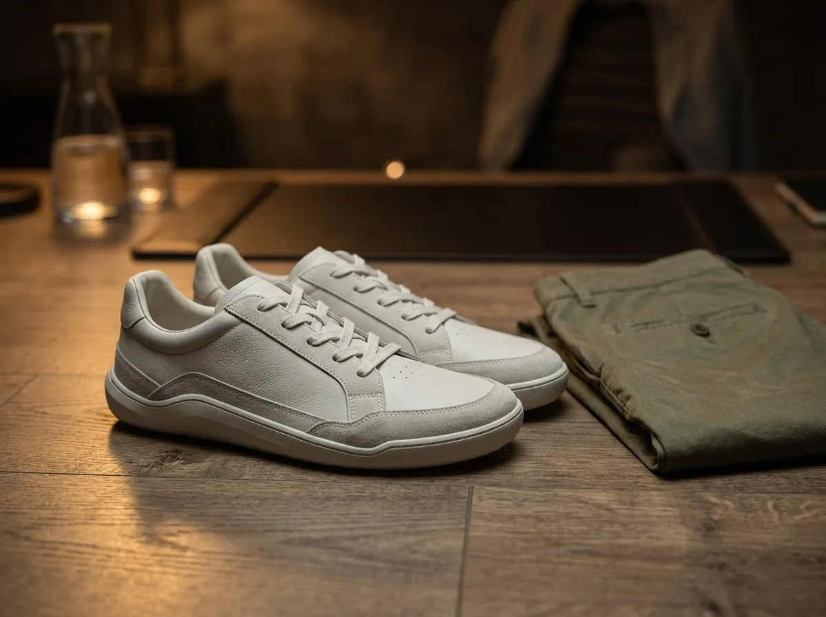 Vivobarefoot Gobi Premium Leather, zapatilla barefoot de piel para hombre sobre la mesa de una oficina