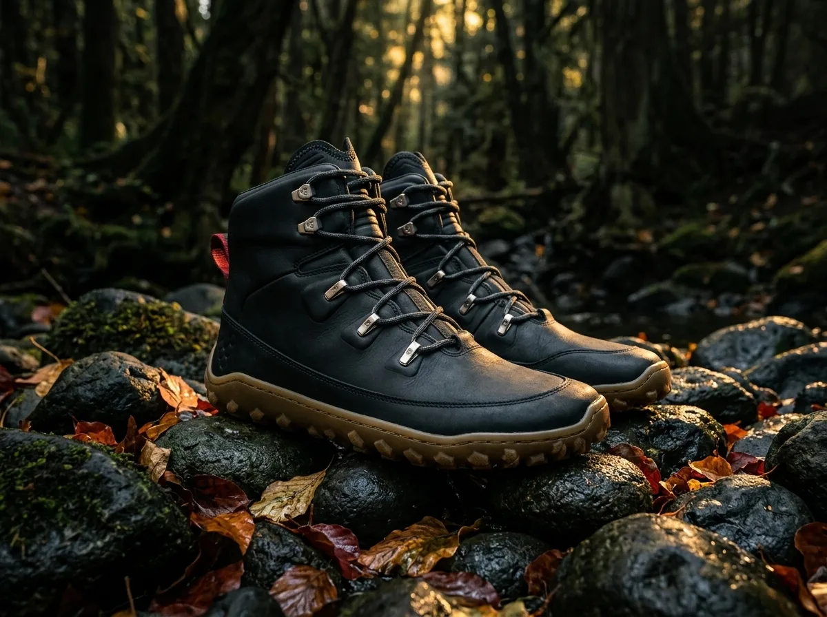 Vivobarefoot Tracker de piel, botas barefoot de montaña sobre rocas en el bosque