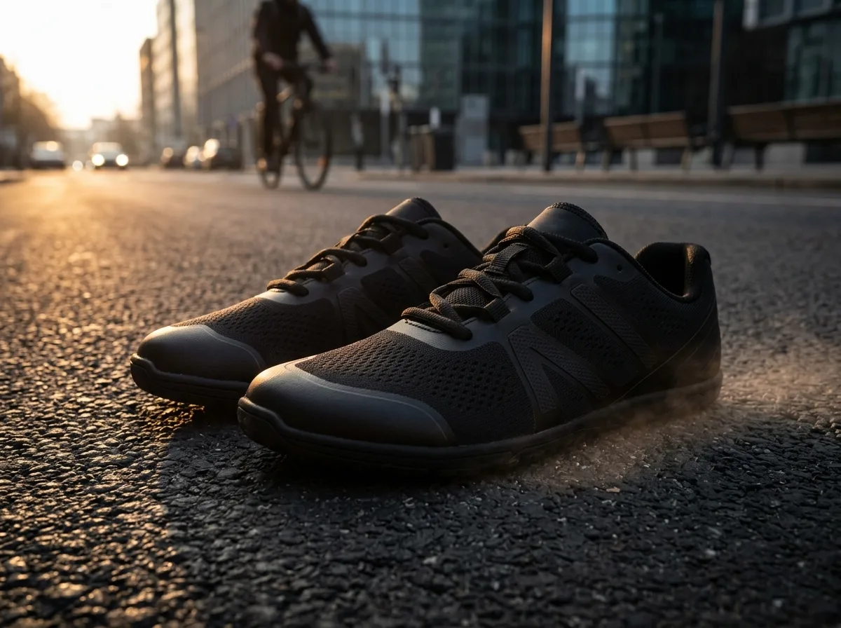Xero Shoes HFS II negras, zapatillas barefoot de running sobre asfalto al amanecer